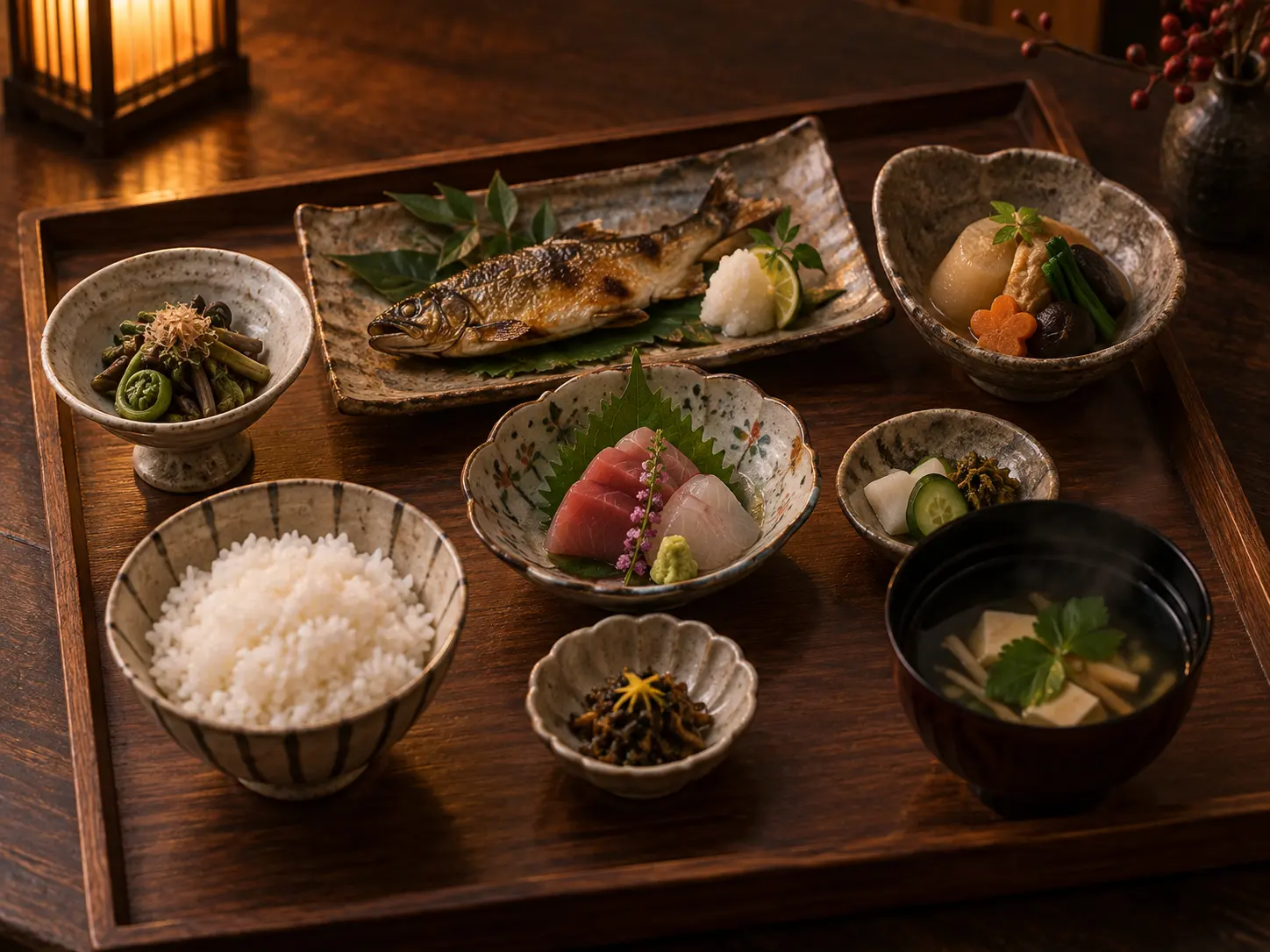 夕食の会席。焼き魚、山菜、煮物、お造り、ご飯と汁物が木のお膳に並ぶ