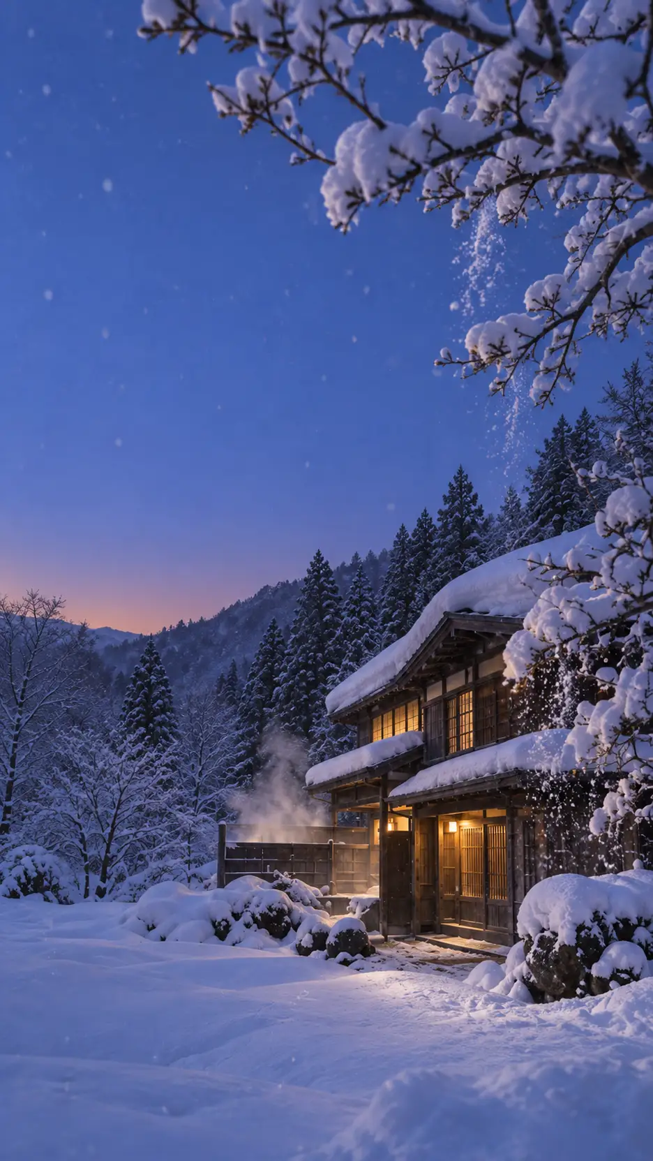 雪の夕暮れ。窓に灯りがともる木造2階建ての宿と、露天風呂から立ちのぼる湯気