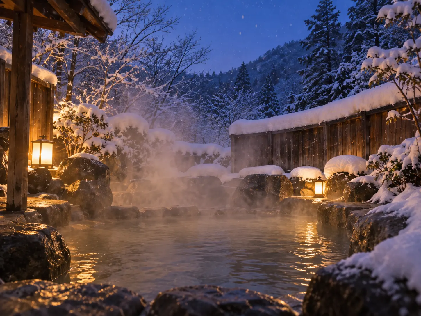 雪の積もった岩に囲まれた露天風呂。夕暮れの空の下で湯気が立ちのぼる